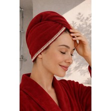 Ellia Soft Hair Dantelli Kalın Bambu Pamuk Kutulu Saç Kurutma Bonesi Saç Havlusu Saç Kurulama Havlusu Bordo