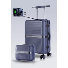 Zeplin Nora PC Policarbon USB & Type-C Şarj Girişli 2'li Valiz Seti (Kabin ve Makyaj) Lacivert