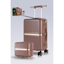 Zeplin Nora PC Policarbon USB & Type-C Şarj Girişli 2'li Valiz Seti (Kabin ve Makyaj) Karamel