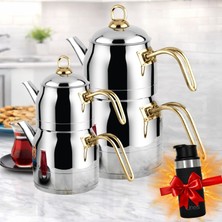 Lines Ayperi 2’li Çaydanlık Seti Paslanmaz Çelik Altın Kulp Orta + Mega Boy | Termos Hediyeli Fırsat