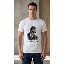 Erkek Atatürk Baskılı Tişört Kısa Kollu Bisiklet Yaka  T-Shirt - Beyaz