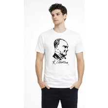 Erkek Atatürk Baskılı Tişört Kısa Kollu Bisiklet Yaka T-Shirt - Beyaz