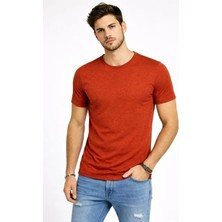 Erkek Flam Kumaş Melanj Dokulu Regular Fit Tişört Bisiklet Yaka Yazlık T-Shirt - Kiremit