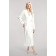 Modaserdem Yumuşak Dokulu Dökümlü Uzun Kimono Ekru