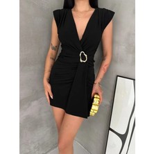 Bet's  Kruvaze Drapeli Tokalı Mini Elbise Şık Gece Davet Abiye - Siyah