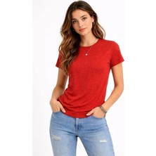 Nnstartshopping  Flam Kumaş Melanj Dokulu Regular Fit Tişört Bisiklet Yaka Yazlık T-Shirt - Kiremit