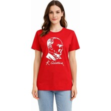 Giyimodam Atatürk Baskılı Tişört Kısa Kollu Bisiklet Yaka  T-Shirt - Kırmızı
