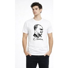 Meğdaix Erkek Atatürk Baskılı Tişört Kısa Kollu Bisiklet Yaka T-Shirt - Beyaz