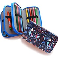 Esranın Dünyası Vegan Deri Üç Bölmeli Mavi Geometrik Desenli Kalem Kutusu