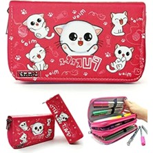 Esranın Dünyası Üç Bölmeli Beyaz Kedi Temalı Vegan Deri Kalem Kutusu