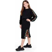 İrem Çocuk Giyim Kız Çocuk Eteği Yırtmaçlı Yeşil Turuncu Şeritli Sweatshirt Etekli İkili Takımı