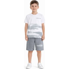 Cansın Mini Gri Creative Yazılı Desenli Tişörtlü Erkek Çocuk Şortlu Takım 23792