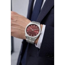Gümüş Renk Bordo Kadran Çelik Kordon 40MM Ufak Kasa Erkek Kol Saati