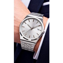 Gümüş Renk 36 mm Ufak Kasa Takvimli Çelik Kordon Erkek Kol Saati