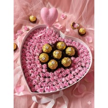 Karma Shop Pembe Gül ve Ferrero Rocher Detaylı Kalp Kutu - El Emeği - Kişiye Özel
