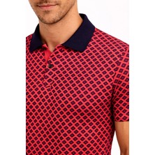 3 Erkek Pike Kumaş Polo Yaka Desenli Tişört Kısa Kol Yazlık T-Shirt - Kırmızı