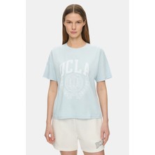 Ucla Avalon Gök Mavi Bisiklet Yaka Baskılı %100 Pamuk Loose Fit Kadın Tshirt