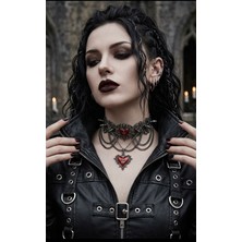 Vintage Takı Güllerin Kalbi ve Dikenlerin Haçı : Kırmızı Gotik Kutsal Kalp Kolye