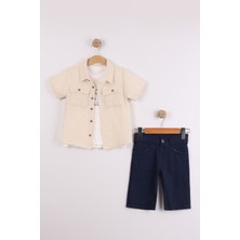 Joy Kids Erkek Çocuk 3 Parça Alt Keten Üst Müslin Rahat Takım (5-8yaş) (Bej-Lacivert)
