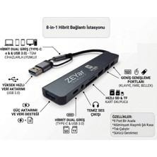 Zeyar Teknoloji 8-In-2 Hub USB 3.0 &amp; Type-C Hibrit Girişli Sd Kart Okuyucu Ses Çıkışlı Adaptör Tüm Cihazlarla Uyumlu