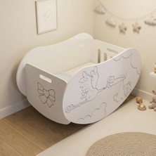 Sumua Store Mdf Bebek Beşiği – Sallanır Ahşap Beşik | Anne Yanı | Cnc Işlemeli, Lake Boyalı | Leylek Desenli