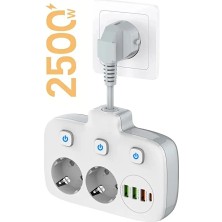 Gunkes Akım Korumalı 2'li Ayrı Anahtarlı Priz, 2x Priz, 3x Usb, 1x Type-C, 2 mt Kablo, Hızlı Şarj