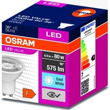 Osram 6,9W = 80W Eşdeğer Cool White 4000 Kelvin Ilık Beyaz GU10 575 Lümen LED Spot Ampul