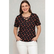 Curvy Trend Büyük Beden V Yaka Çapraz Bantlı Kısa Kol Bluz