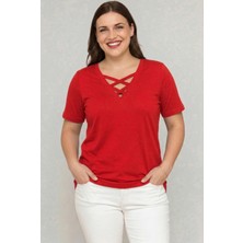 Curvy Trend Büyük Beden V Yaka Çapraz Bantlı Kısa Kol Bluz