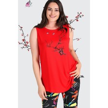 Curvy Trend Büyük Beden Sakura Baskılı Kolsuz Viskon Basic Bluz