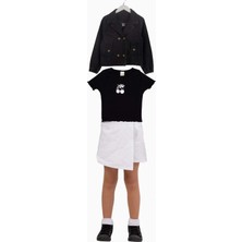 Waka Waka Kids Store Kiraz Baskılı T-Shirt Önden Yırtmaçlı Şort Etek Crop Kot Ceketli Kız Çocuk Takım