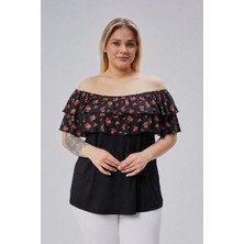 Curvy Trend Büyük Beden Gül Desenli Madonna Yaka Viskon Bluz