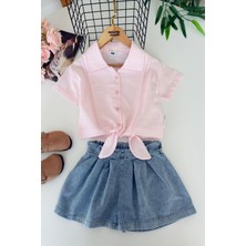 Miniğimin Cicileri Bağlama Detaylı Keten Gömlek & Denim Şort Kız Çocuk Takım - Pembe
