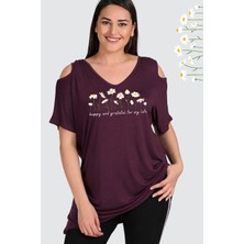 Curvy Trend Büyük Beden Daisies Baskılı Omuzu V Pencere Kısa Kol Bluz