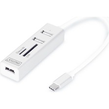 Digitus DA-70243 USB 2.0 Type-C Hub + Kart Okuyucu 3x USB 2.0. 1x Sd, 1x Mikro Sd Portu Alüminyum Gö