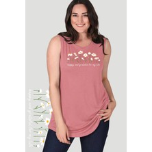 Curvy Trend Büyük Beden Daisies Baskılı Kolsuz Viskon Basic Bluz