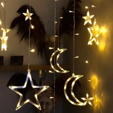 Neonova 3 Metre Perde LED Işık Zinciri - Yıldız ve Ay Figürlü, Sarı Işık, Uç Uca Eklenebilir
