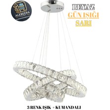Kumsar Aydınlatma Kumandalı 3 Renk Işık Özellikli Modern Krom Kaplama Sarkıt LED Avize Salon Avize