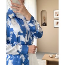 Moda Morfo Püskürtme Desen Saten Gömlek -Saks