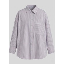 Mavi - Bordo Renk Çizgili Poplin Oversize Gömlek