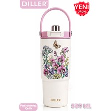 Vagonlife Dıller Tumbler 880 ml Tek Kapak Çift Kullanım Pipetli/pipetsiz Taşıma Kulplu Çelik TERMOS-FFD9505-880ML