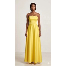 MP7540 Serisi Straplez Minimalist Saten Sarı Abiye Elbise