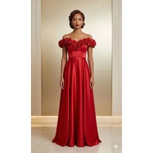 ONS240 Serisi Düşük Omuz Gül Detaylı Kırmızı Saten Abiye Elbise