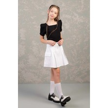 Waka Waka Kids Store Kız Çocuk Kargo Cepli Piliseli Kot Eteke - Beyaz - 10-11 Yaş