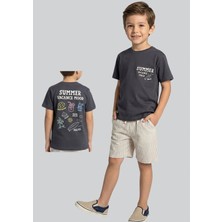 Waka Waka Kids Store Beyaz "summer Mood" Baskılı Tişört & Bej Çizgili Şort Erkek Çocuk Ikili Takım