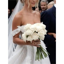 Caelia Beyaz Gül Gelin Buketi Büyük Gül Buketi ve Damat Çiçeği Özel Gün Çiçeği Kurdeleli
