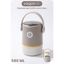 Vagonlife 580 ml Sızdırmaz 2 Kaseli 304 Paslanmaz Çelik Lunch Box Yeni Nesil Sefer Tası Kaşıklı Askılı -1267580