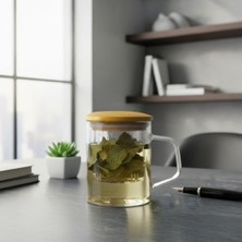 Bambu Kapaklı Cam Süzgeçli Kupa 350 ml | Bitki Çayı, Demleme Çay ve Kahve Kupası | Borosilikat Dayanıklı Cam | Düz Model