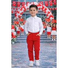 Herşey Nota Erkek Çocuk Beyaz Gömlek ve Kırmızı Pantolon Takım – Okul ve Bayram Etkinlik 5-13 Yaş