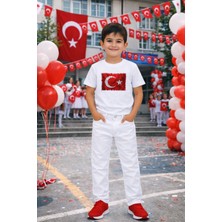 Herşey Nota Erkek Çocuk Beyaz Takım Baskılı Tişört Pantolon 5-13 Yaş Okul Bayram Etkinlik